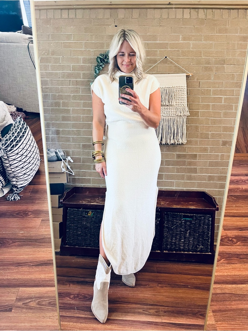 Sleeveless Cream Midi Dress with Mock Neck and Defined Waist